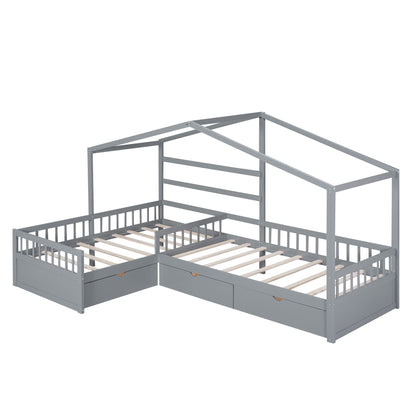 Gray metal L-shaped platform bed with 3 storage drawers and slatted base HouseOfZazla on Tampa Home & Garden Store