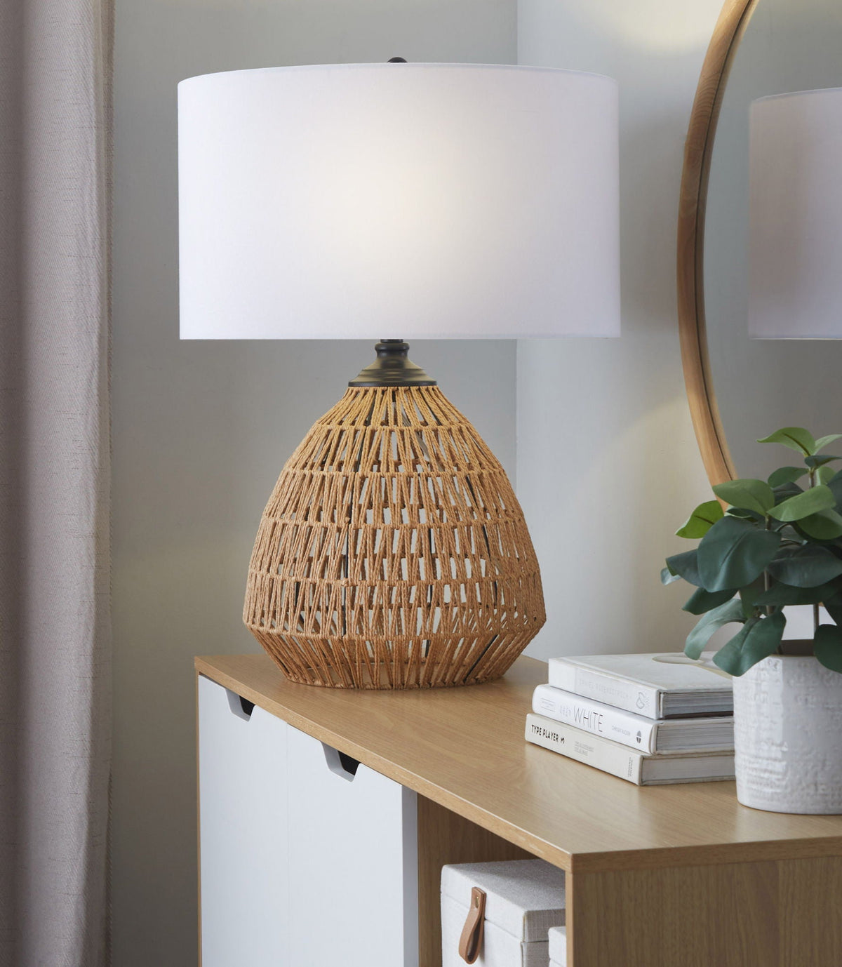 Congo Rattan Table Lamp natural base white shade matte black accents by HouseOfZazla on Tampa Home & Garden Store