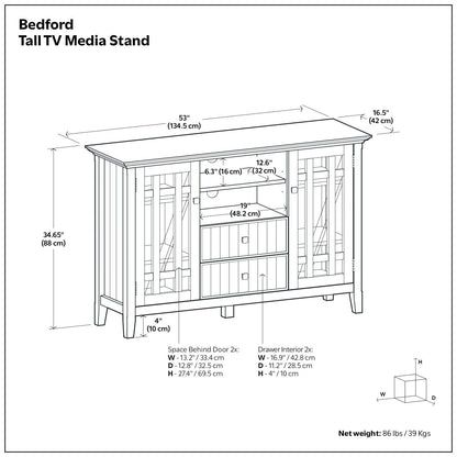Handcrafted Tall TV Media Stand Solid Wood by HouseOfZazla with glass-front doors and open shelves on Tampa Home & Garden Store