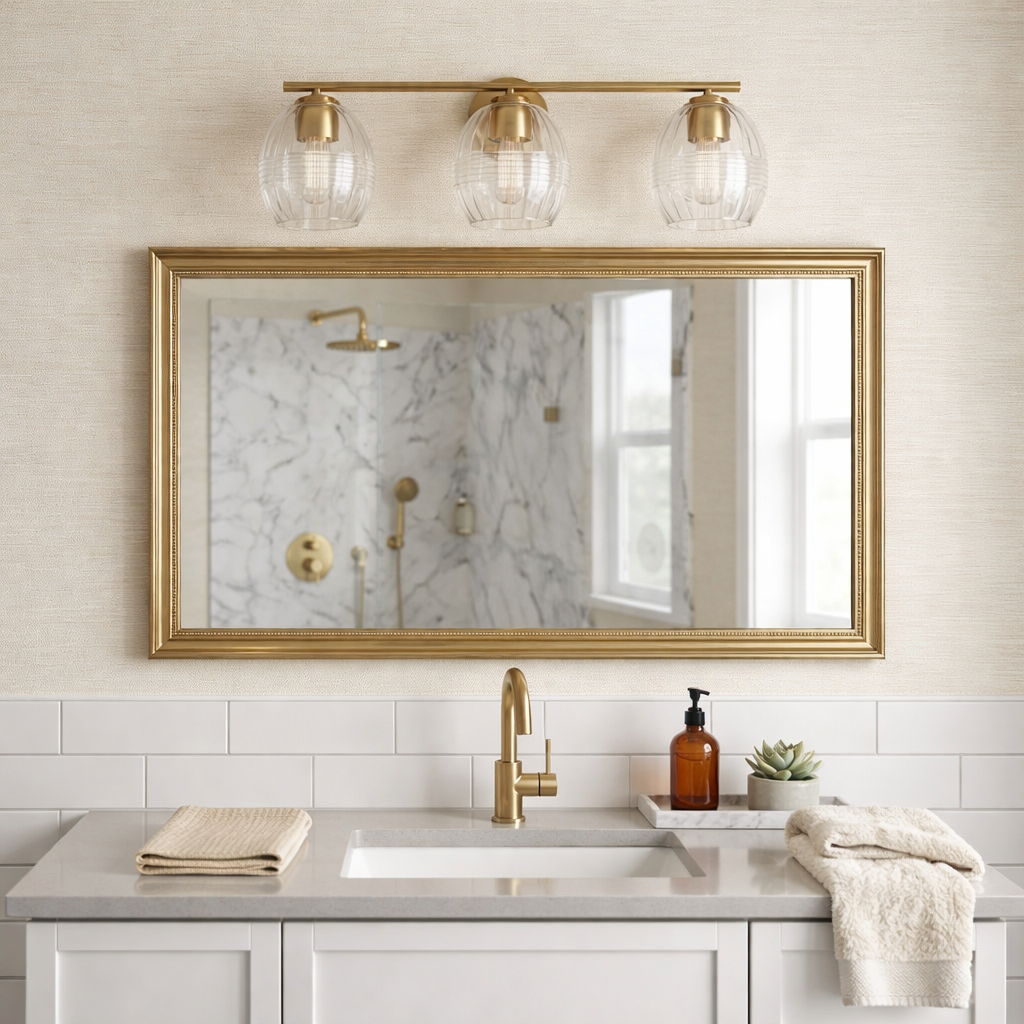Luster 3-light vanity wall sconce with clear glass shades in satin gold above mirror on Tampa Home & Garden Store