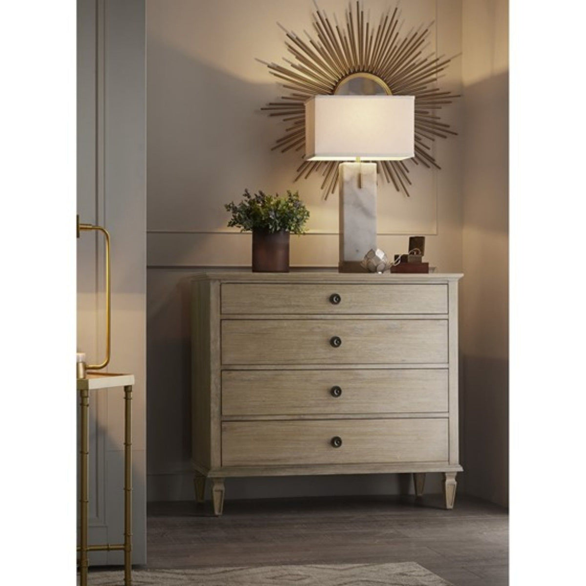 French inspired small dresser with velvet-lined drawer in wire-brushed light natural finish on Tampa Home & Garden Store