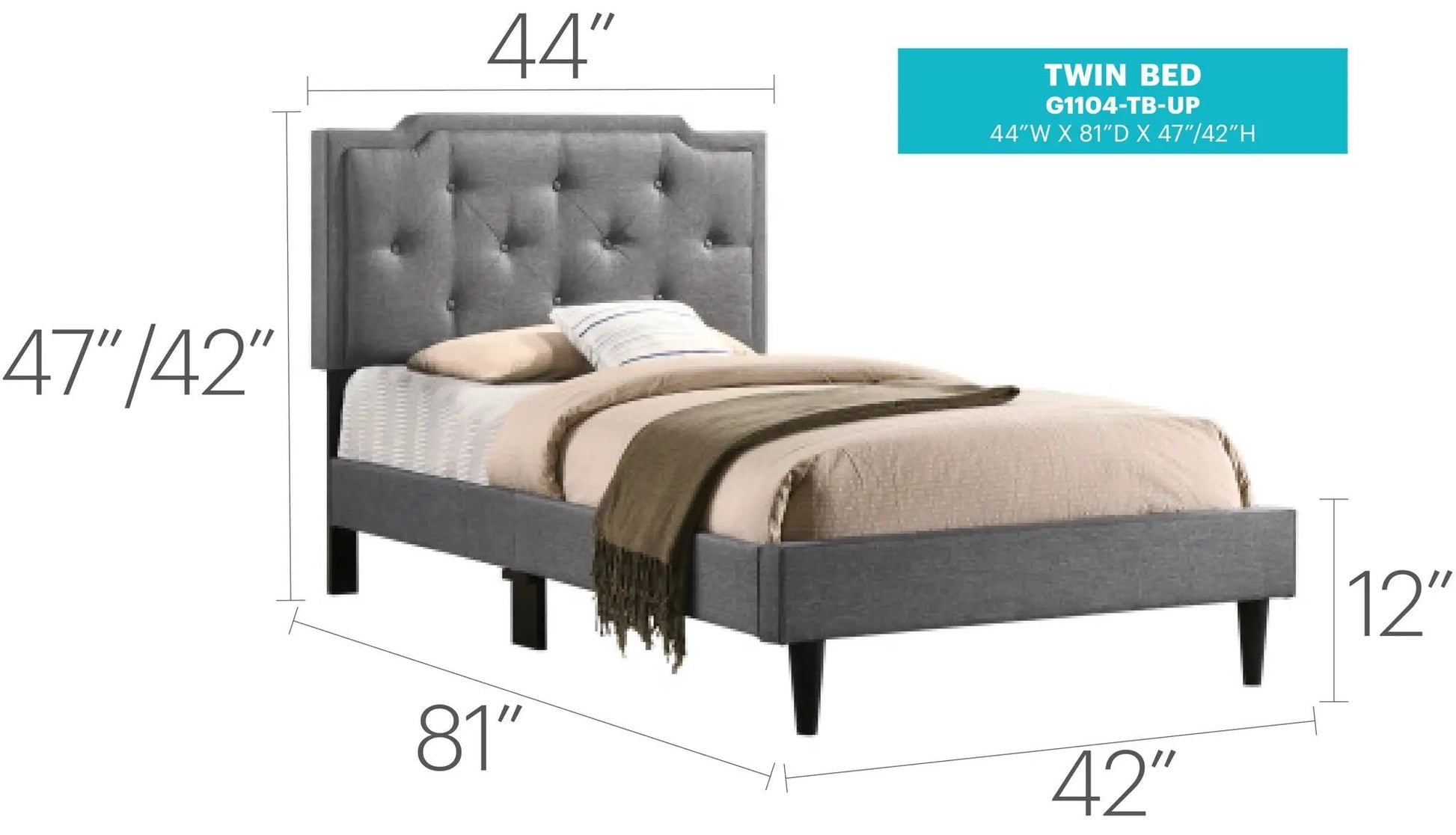Button tufted upholstered twin bed in gray fabric by Unique Piece Furniture on Tampa Home & Garden Store
