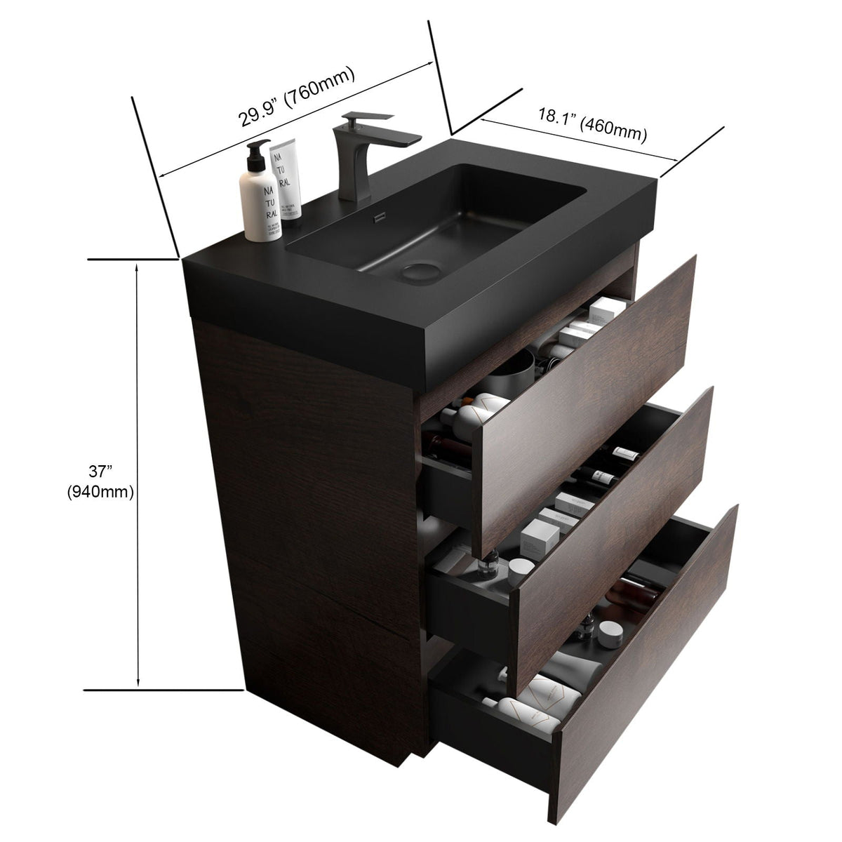Alice Vanity by HouseOfZazla with dark wood cabinet and black top one-piece sink large storage on Tampa Home & Garden Store