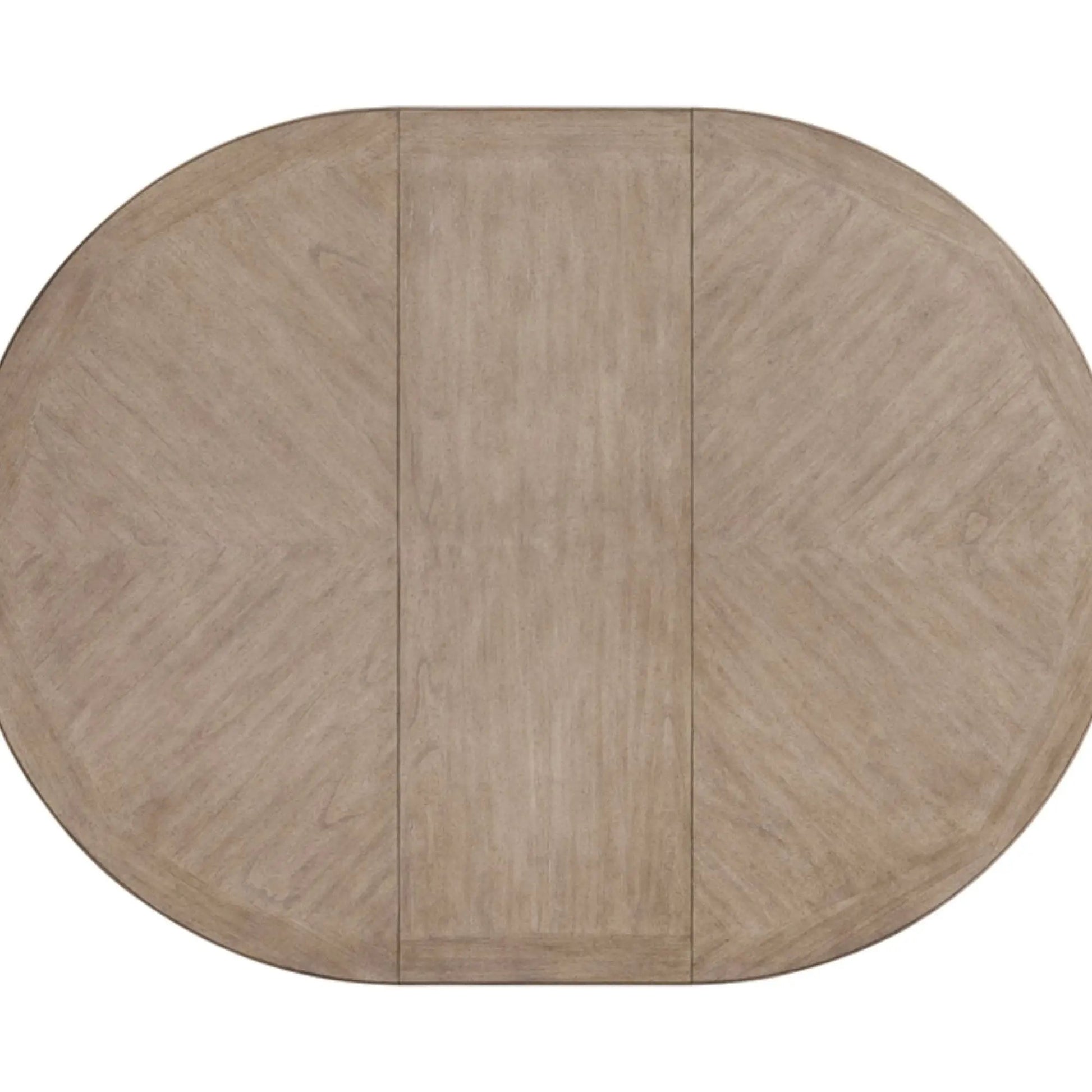 Round dining extendable table in sand wood finish with segmented top and center seam on Tampa Home & Garden Store