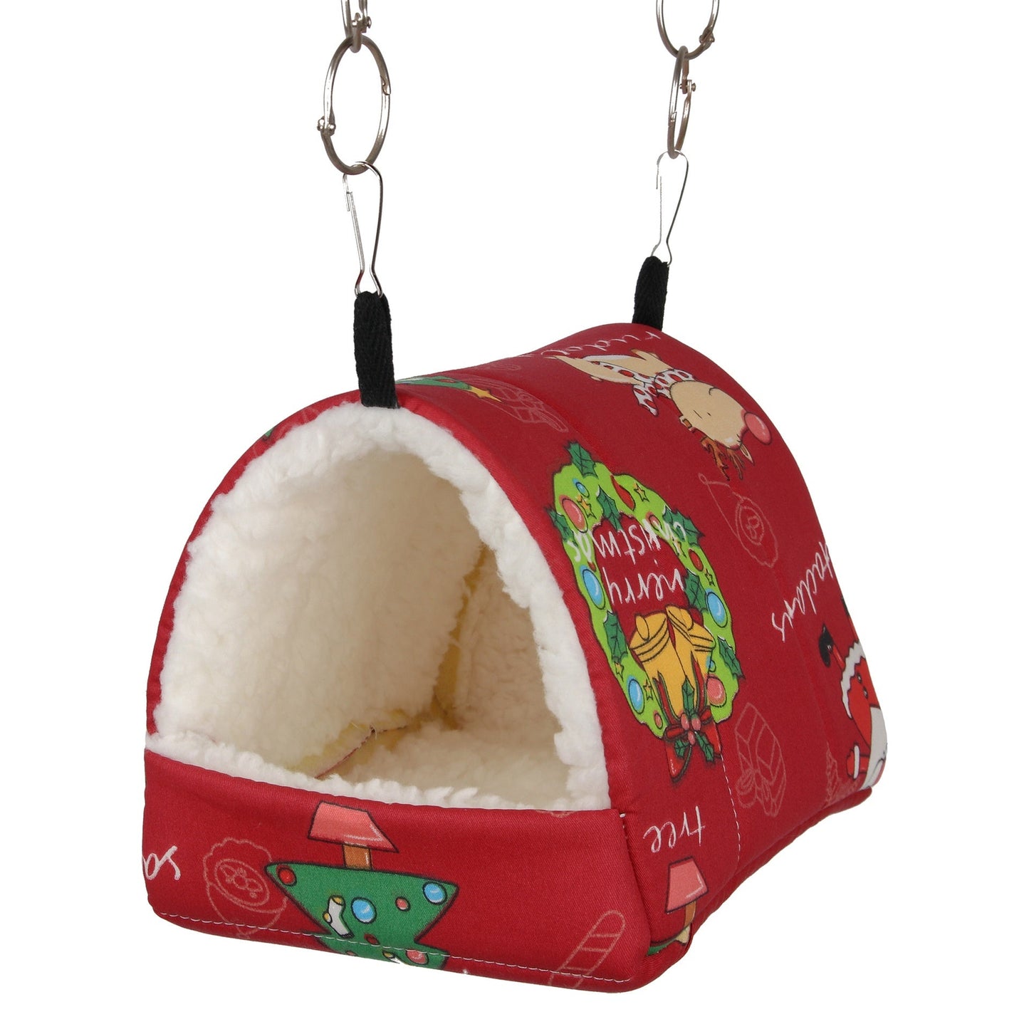 Parrot cotton pet nest in red fabric with white plush interior; hangs by metal hooks on Tampa Home & Garden Store