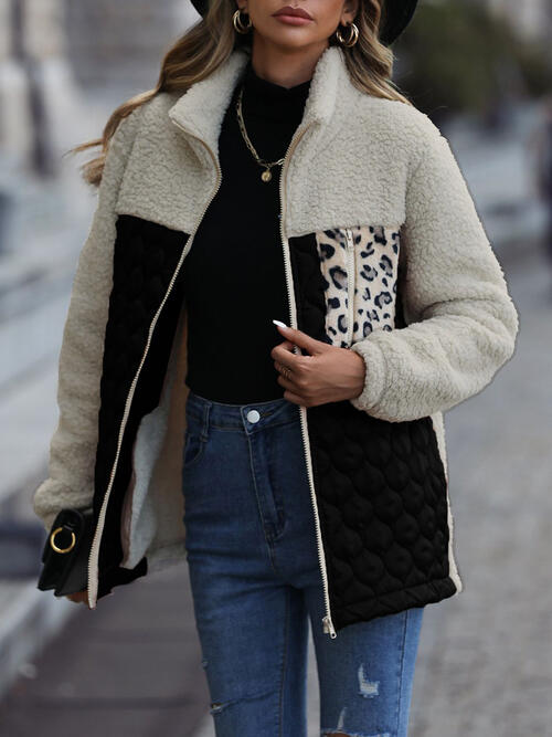 Leopard color-block zip-up jacket by Stevvex sherpa off-white with black quilted panels pockets on Tampa Home & Garden Store
