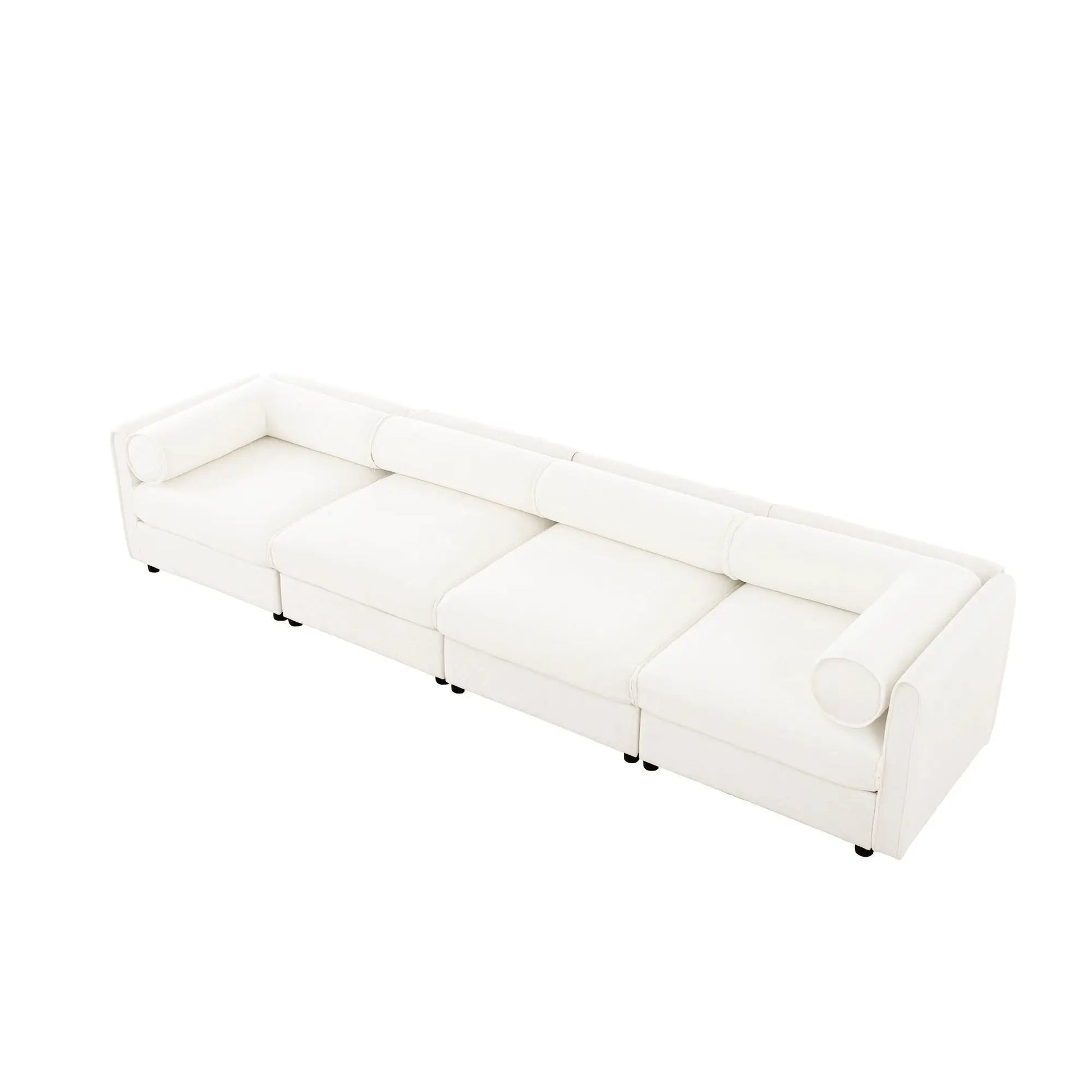 White upholstered stationary sofa with cylindrical backrests and bolster cushions on Tampa Home & Garden Store