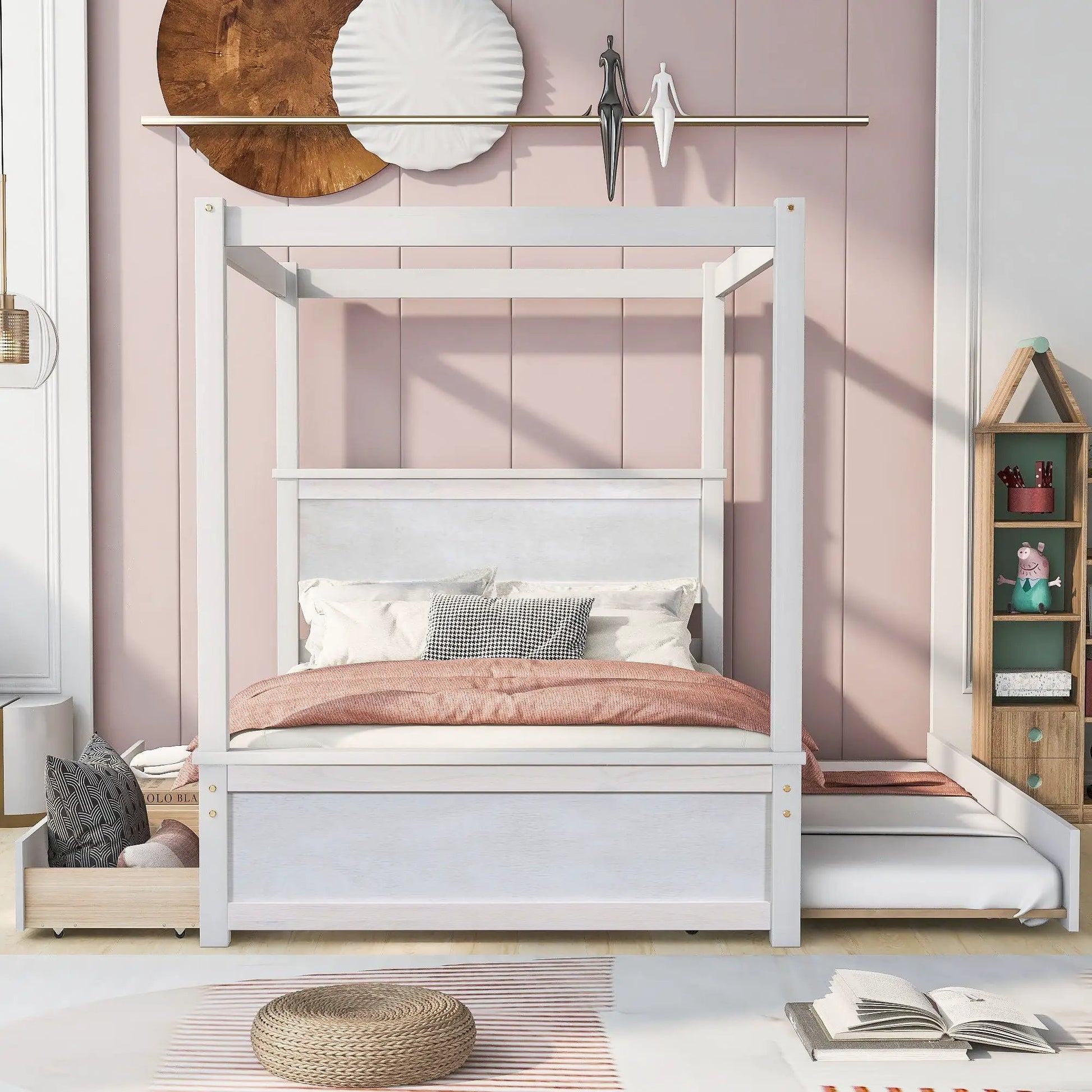 White canopy platform bed with drawers and support slats in a pale pink room on Tampa Home & Garden Store