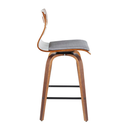 Mid-Century Modern counter stool set with swivel, gray cushion, and curved wood frame on Tampa Home & Garden Store