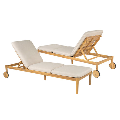 Riviera Outdoor Chaise Lounge Set of 2 with acacia wood, beige cushions, wheels HouseOfZazla on Tampa Home & Garden Store