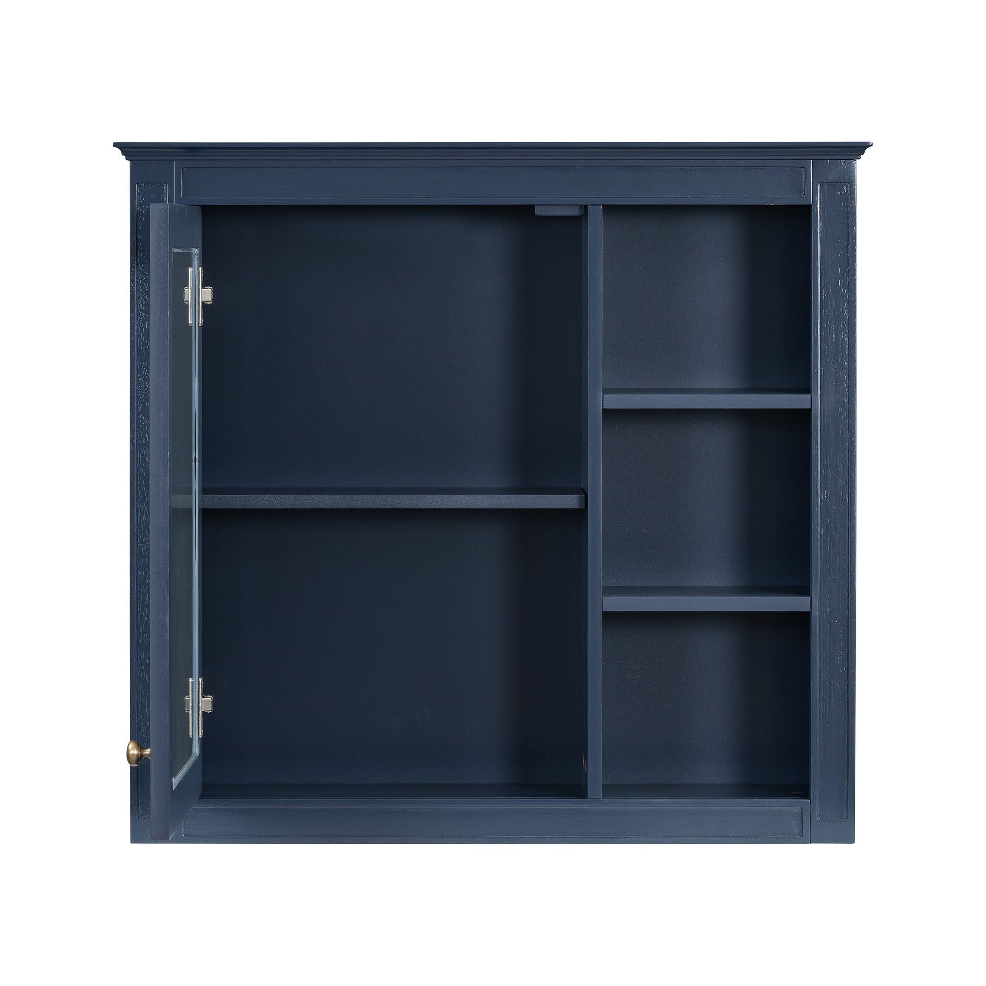 Bathroom vanity with medicine cabinet in navy blue, glass-front door and open shelf storage on Tampa Home & Garden Store