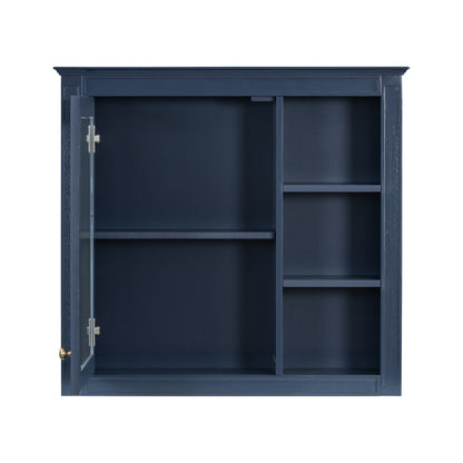 Bathroom vanity with medicine cabinet in navy blue, glass-front door and open shelf storage on Tampa Home & Garden Store
