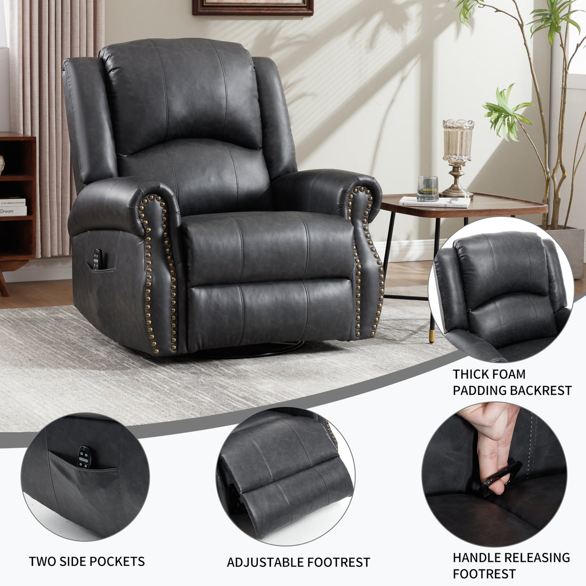 Heat Massage Manual Recliner Chair with Rocker and Swivel in black leather by HouseOfZazla on Tampa Home & Garden Store