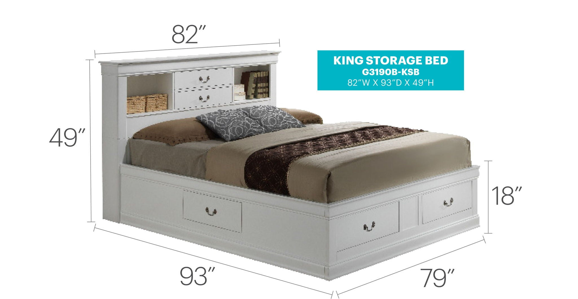 Traditional Style Bookcase Storage Bed, white king bed with headboard drawers HouseOfZazla on Tampa Home & Garden Store
