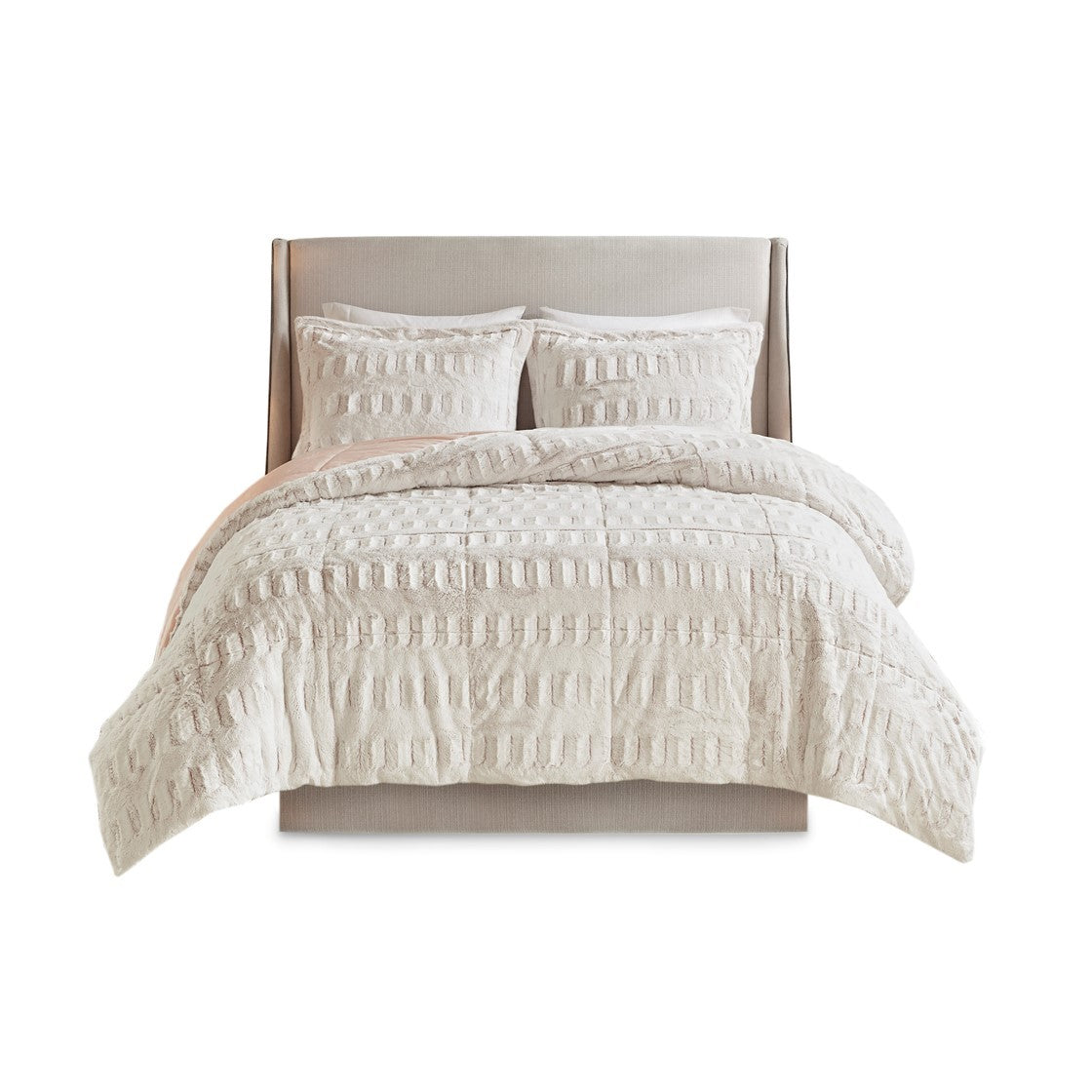 King/Cal King Back Print Long Fur Comforter Mini Set in cream with plush fur on beige bed on Tampa Home & Garden Store