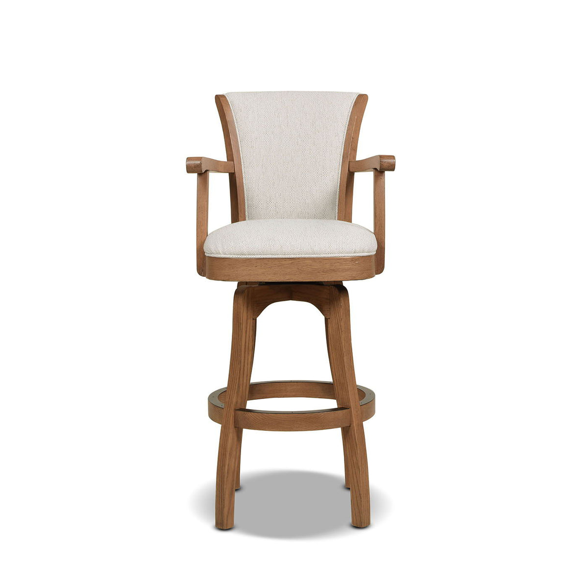 Williams Swivel Bar Stool with Armrests in natural hardwood and beige fabric upholstery on Tampa Home & Garden Store
