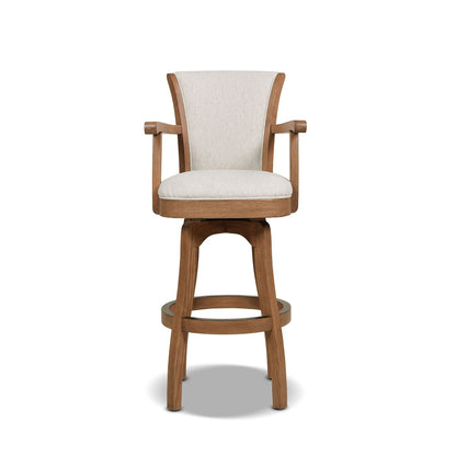 Williams Swivel Bar Stool with Armrests in natural hardwood and beige fabric upholstery on Tampa Home & Garden Store