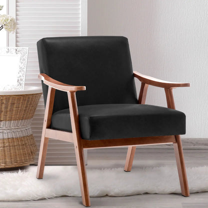 Mid Century Modern Accent Chair in black faux leather with a solid wood frame on Tampa Home & Garden Store