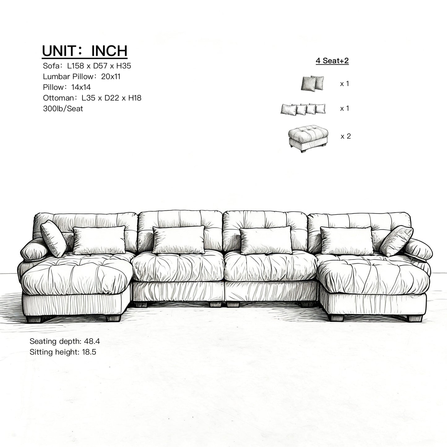 U Shaped Couch Modular Sectional Sofa with tufted cushions and multiple pillows on Tampa Home & Garden Store