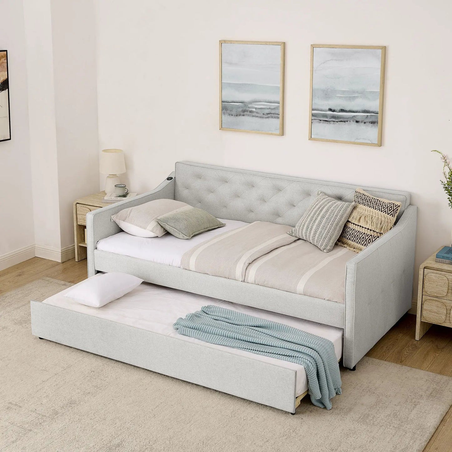 Daybed with pop up trundle and USB charging armrest, gray fabric by Unique Piece Furniture on Tampa Home & Garden Store