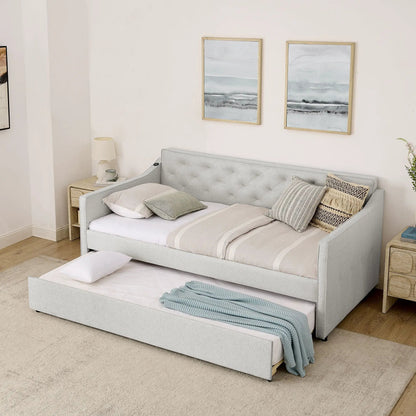 Daybed with pop up trundle and USB charging armrest, gray fabric by Unique Piece Furniture on Tampa Home & Garden Store