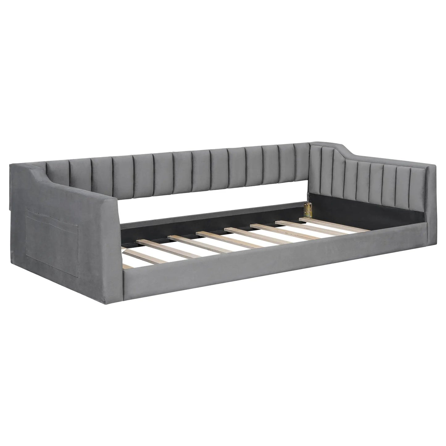 Daybed with side storage pocket, gray upholstered frame with vertical channel tufting on Tampa Home & Garden Store