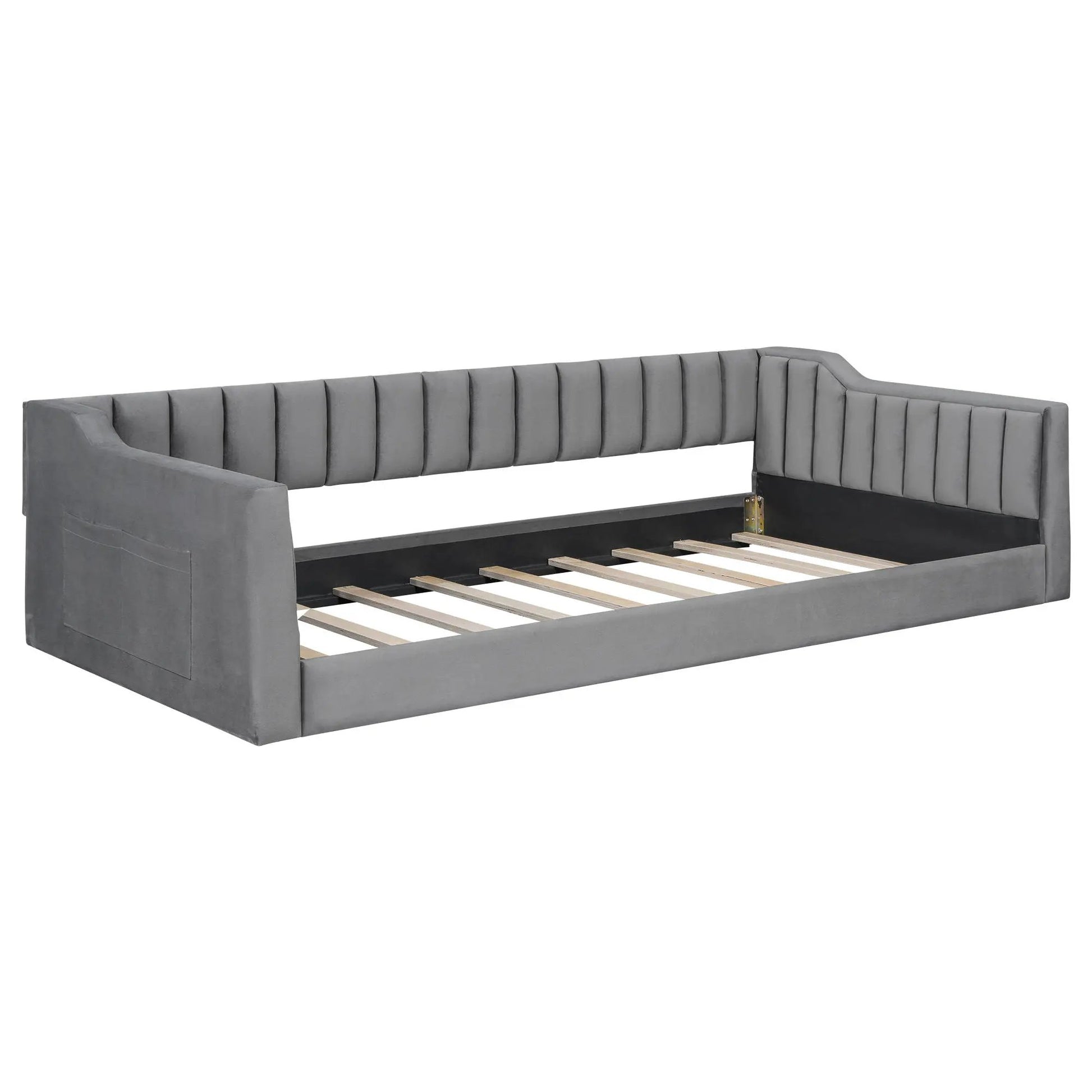Daybed with side storage pocket, gray upholstered frame with vertical channel tufting on Tampa Home & Garden Store