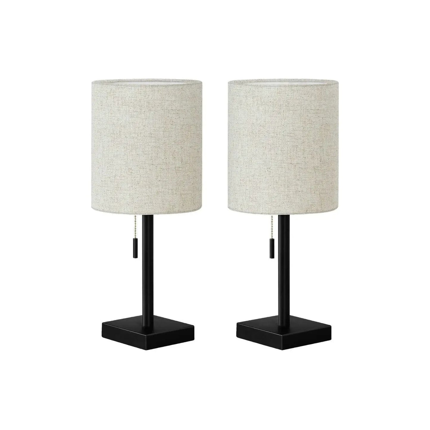 Pair of table lamps with beige fabric drum shades, black square bases, and pull chains on Tampa Home & Garden Store