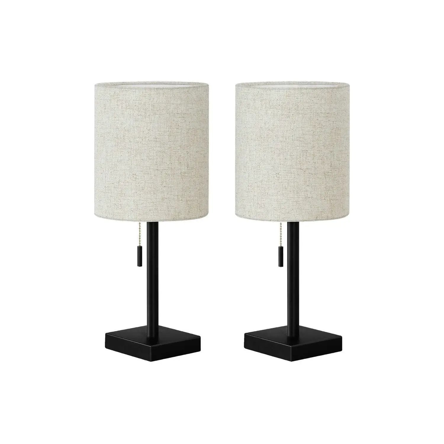 Pair of table lamps with beige fabric drum shades, black square bases, and pull chains on Tampa Home & Garden Store
