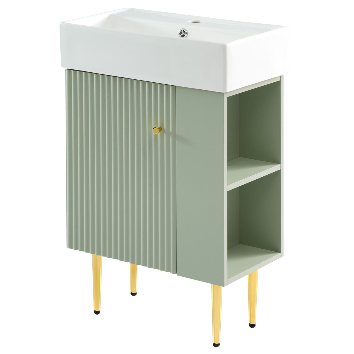 Vanity with white ceramic sink, sage-green base, ribbed left door, open right shelves, gold legs on Tampa Home & Garden Store