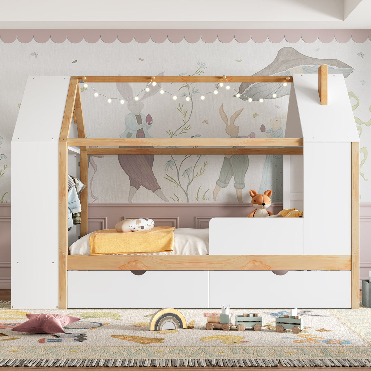 Twin size house platform bed with drawers, white panels and solid wood frame on Tampa Home & Garden Store