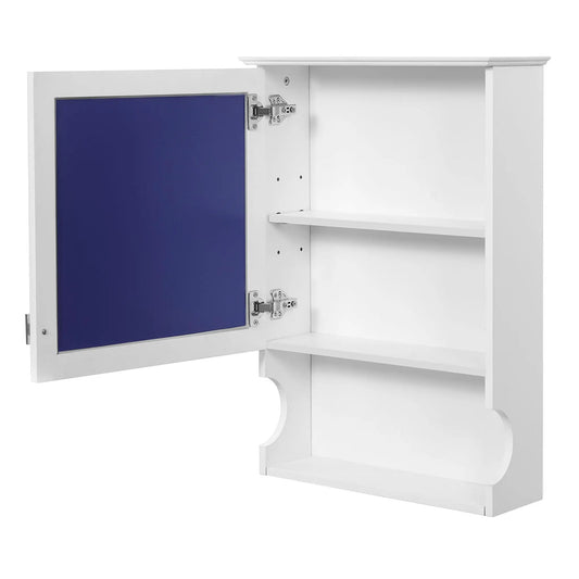 Wall-mounted medicine cabinet with blue door panel and chrome hinges on Tampa Home & Garden Store
