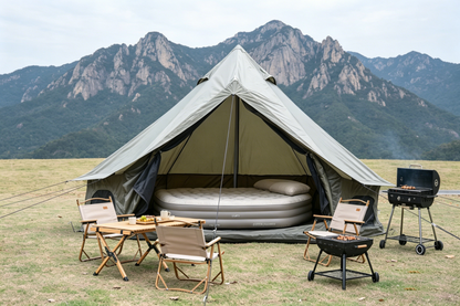 Oxford Bell Tent for Family Camping beige canvas with 4 chairs and table outdoors by mountains on Tampa Home & Garden Store