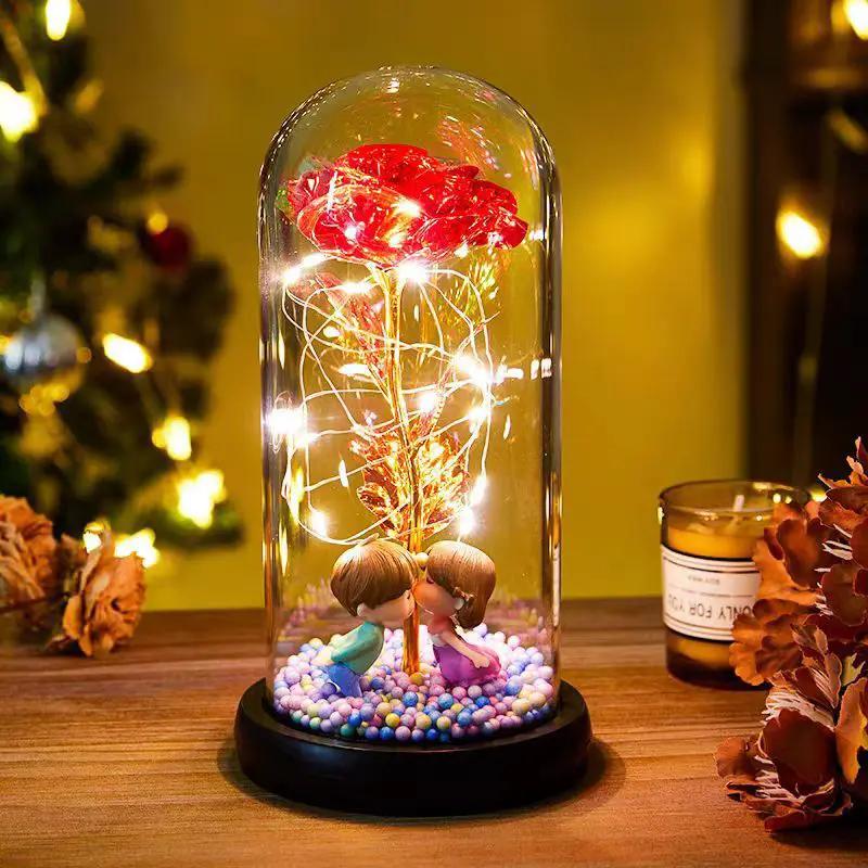 Eternal Rose LED light under glass dome with fairy lights red rose and 2 figurines on black base on Tampa Home & Garden Store