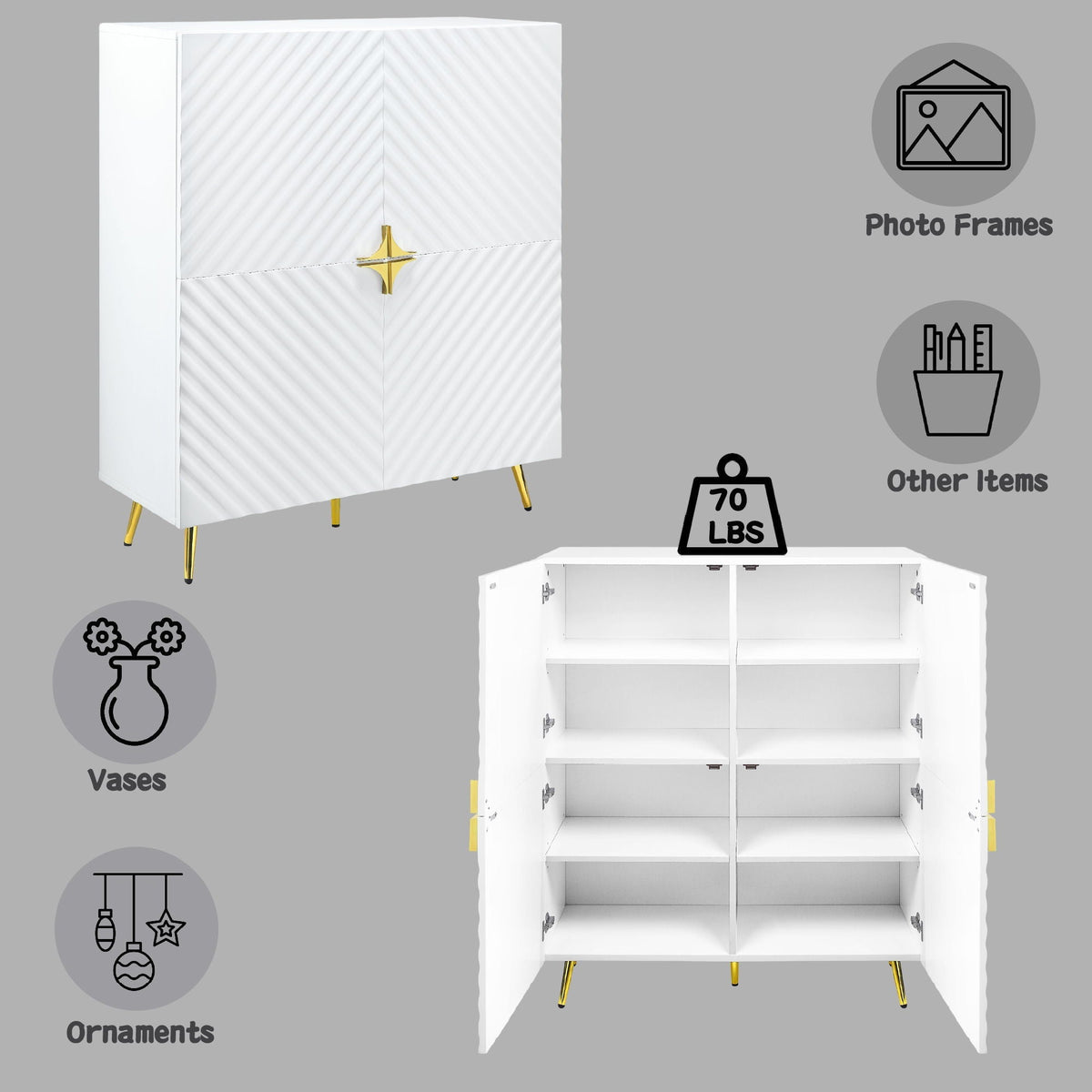 High Gloss Accent Cabinet white with gold starburst hardware and tapered legs by HouseOfZazla on Tampa Home & Garden Store