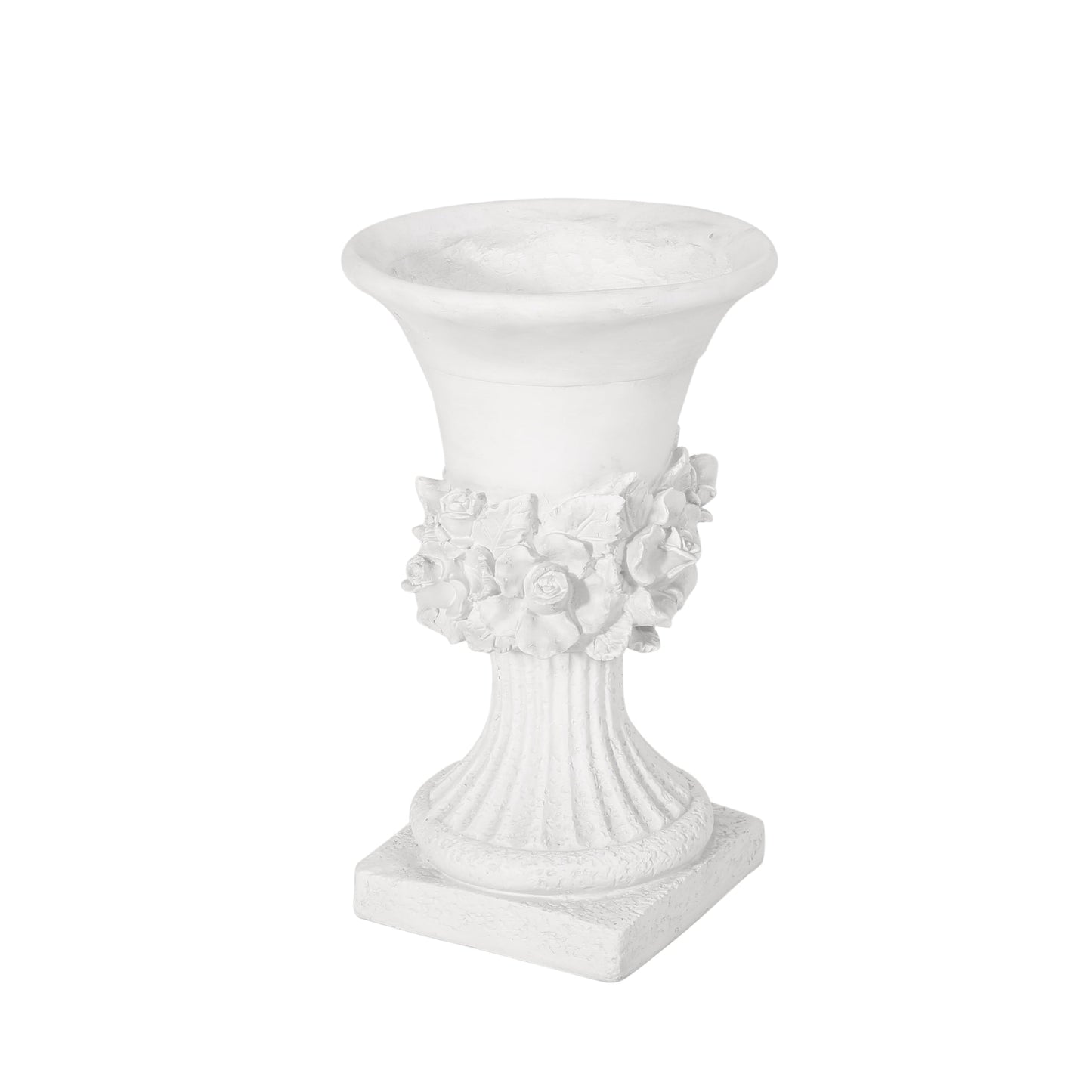 HouseOfZazla MGO Garden Urn Planter, white urn with sculpted floral relief on Tampa Home & Garden Store