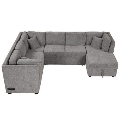 U-Shaped Sleeper Sectional Sofa by HouseOfZazla in grey fabric with storage chaise on Tampa Home & Garden Store