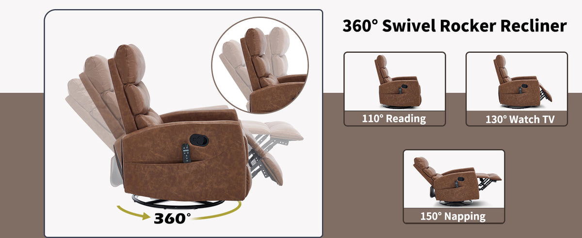 Heat Massage Manual Recliner Chair with Rocker and Swivel in brown leather featuring 360° swivel on Tampa Home & Garden Store