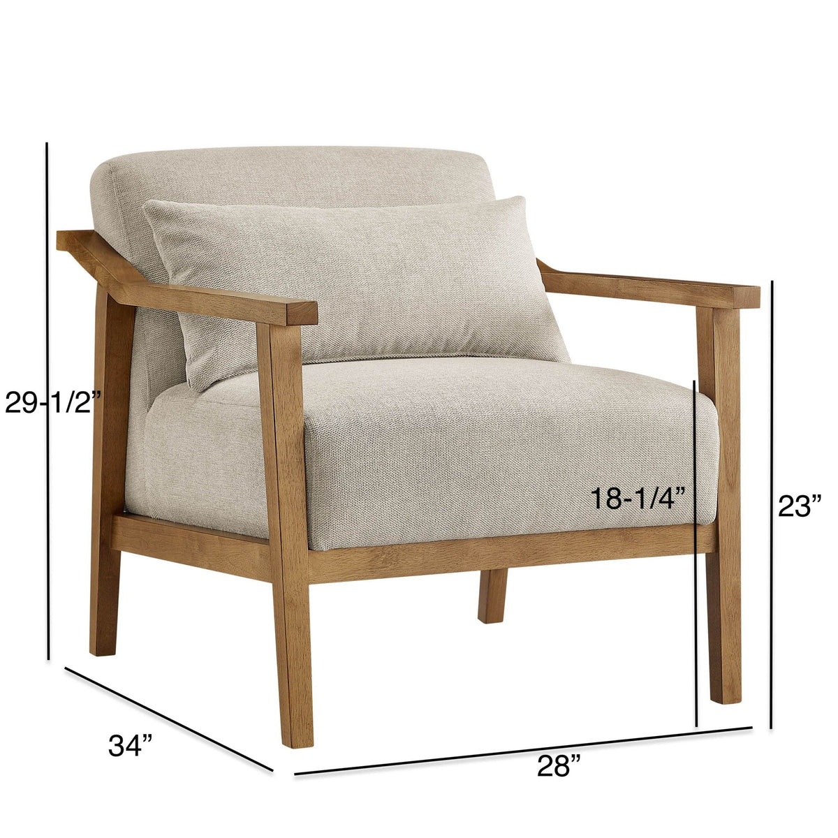Arm Accent Chair with Lumbar Pillow in beige linen fabric and natural wood frame HouseOfZazla on Tampa Home & Garden Store