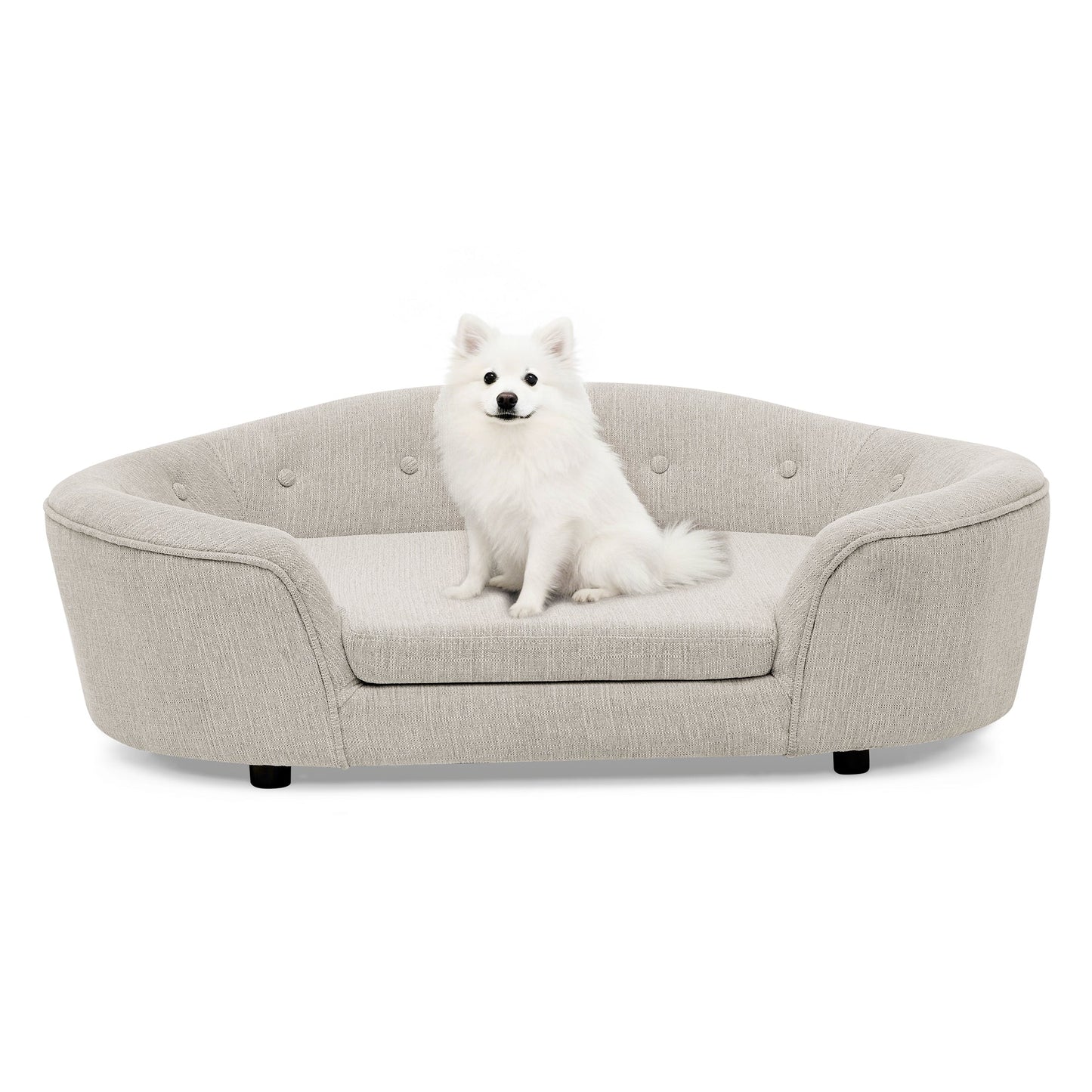 Oval Semi-Enclosed Dog Sofa in beige linen with button-tufted back HouseOfZazla on Tampa Home & Garden Store