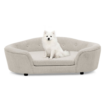 Oval Semi-Enclosed Dog Sofa in beige linen with button-tufted back HouseOfZazla on Tampa Home & Garden Store