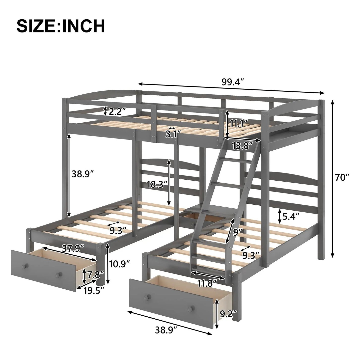Gray Full Over Twin and Twin Bunk With Drawers