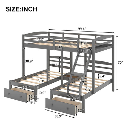 Gray Full Over Twin and Twin Bunk With Drawers