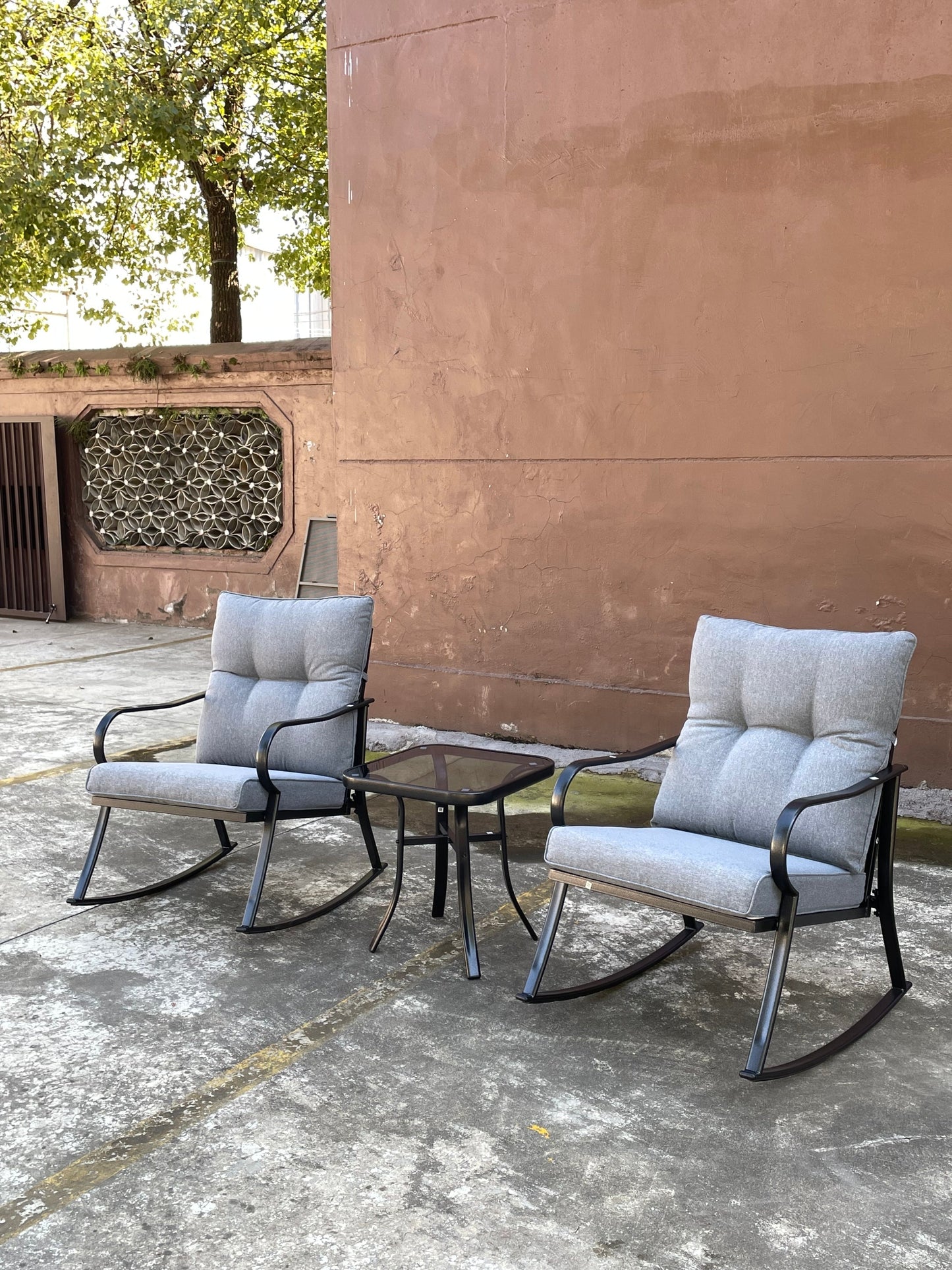 Rocker Set Chair and Teapoy Medium Grey outdoor furniture featuring 2 grey cushioned rocking chairs and a glass-topped table on Tampa Home & Garden Store