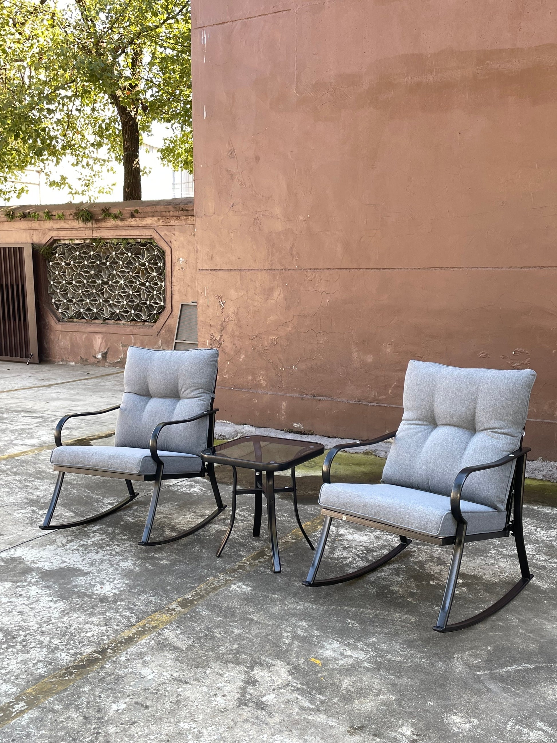 Rocker Set Chair and Teapoy Medium Grey outdoor furniture featuring 2 grey cushioned rocking chairs and a glass-topped table on Tampa Home & Garden Store