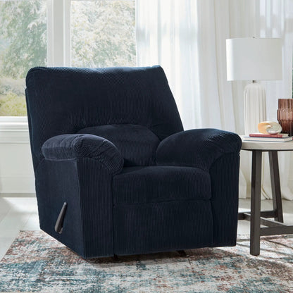 SimpleJoy rocker recliner navy corduroy by Unique Piece Furniture with plush cushions in lounge on Tampa Home & Garden Store