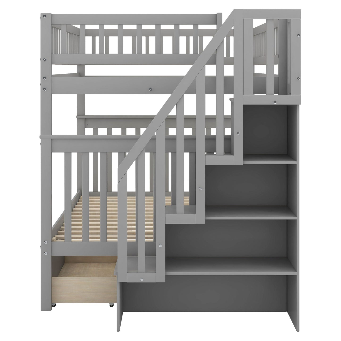 Bunk Bed With Staircase by HouseOfZazla in gray, twin-over-twin with built-in stairs on Tampa Home & Garden Store