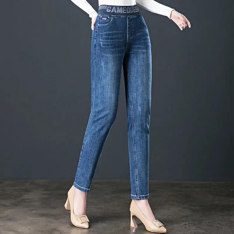 Women's plus fleece-lined elastic waist high-waist slim jeans in blue denim FLIPSTYLEZLLC on Tampa Home & Garden Store