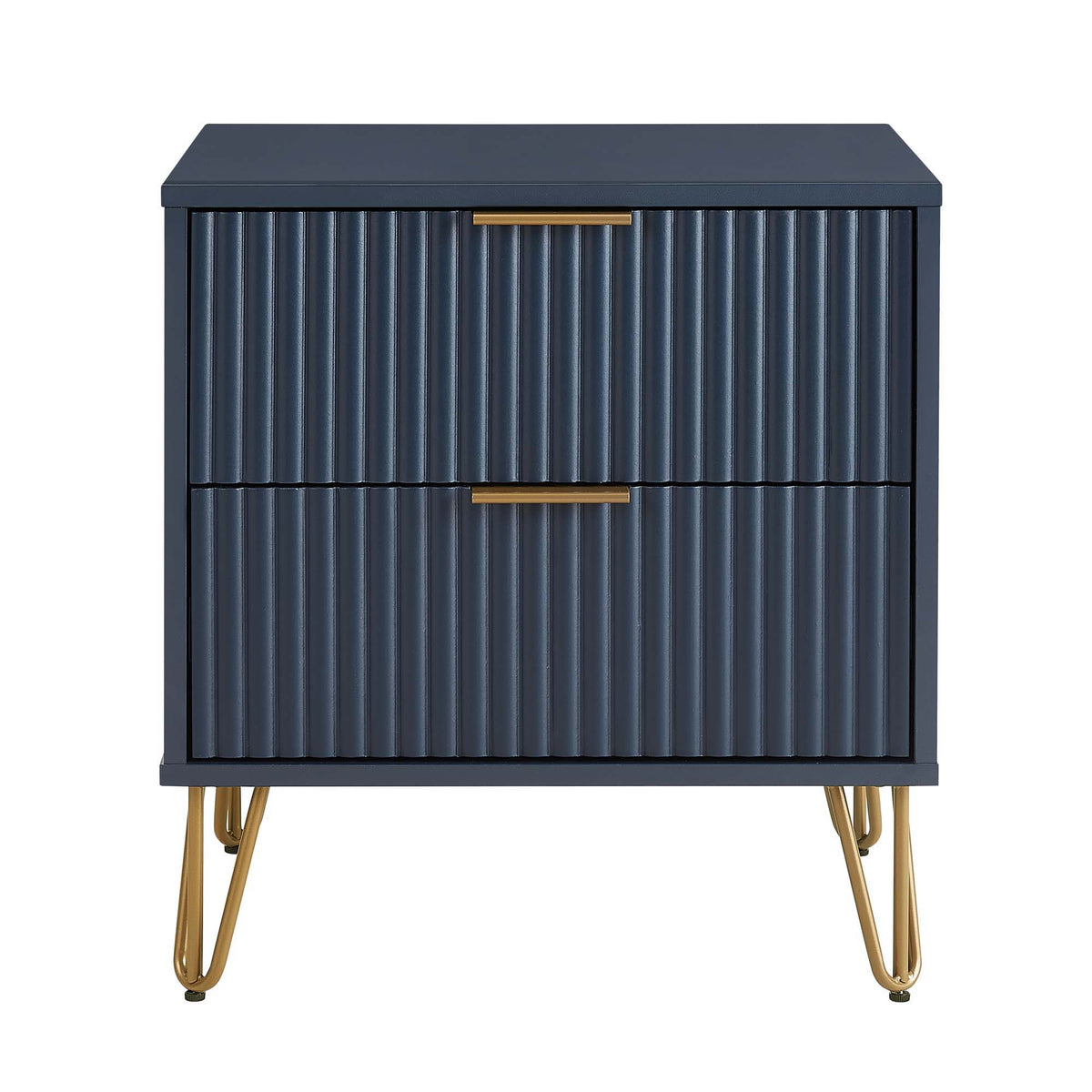 Nightstand Dumbo by HouseOfZazla navy blue fluted-front 2-drawer with gold hardware on gold legs on Tampa Home & Garden Store