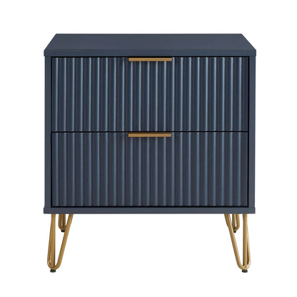 Nightstand Dumbo by HouseOfZazla navy blue fluted-front 2-drawer with gold hardware on gold legs on Tampa Home & Garden Store